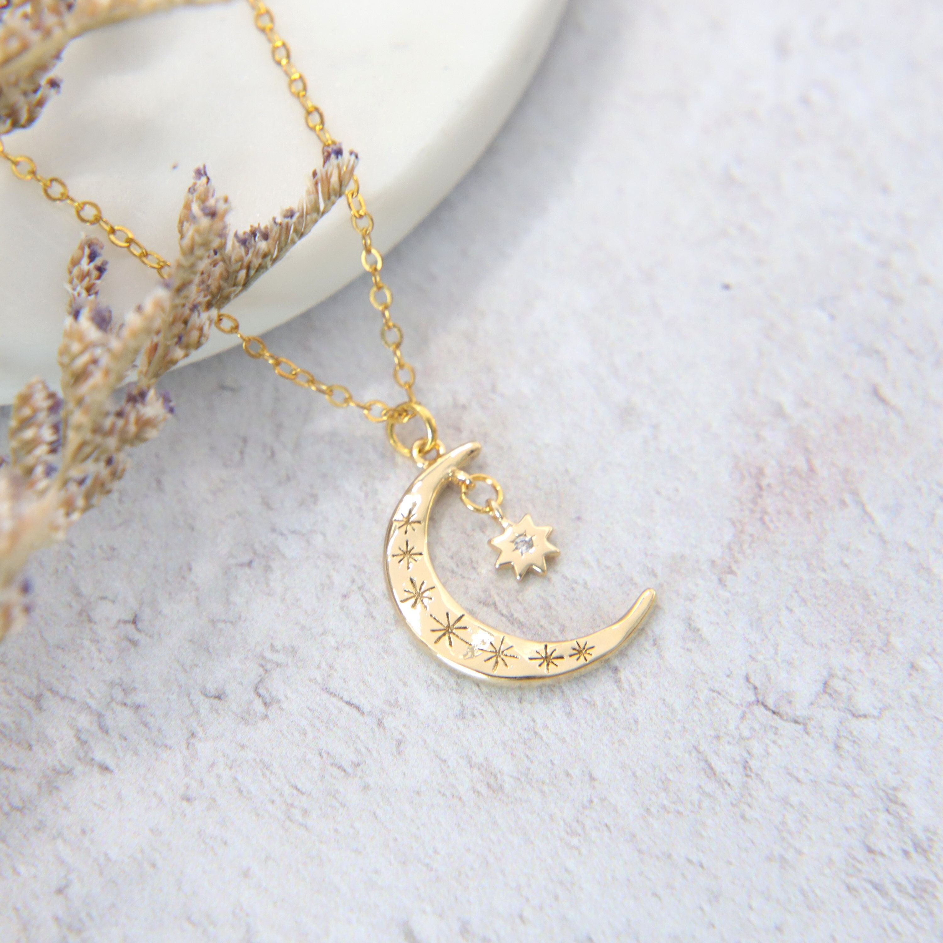 Gold Plated Moon and Star Necklace: Cubic Zirconia Celestial