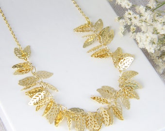 Gold Leaves Necklace, Shiny Statement, Gold Plated, Little Leaf, Woodland Jewelry, Forest Wedding, Bridesmaid Jewelry, Party Gift For Her,UK