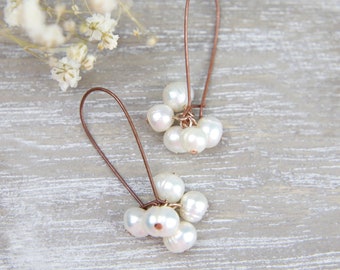 Pearl Cluster Earrings, White Pearl Earrings, Rustic Wedding, Copper Jewellery, Vintage Bridal Jewellery, Autumn Wedding, Bridesmaids Gift