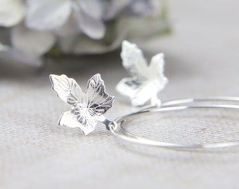 Silver Maple Leaf Hoop Earrings: Autumn Jewelry