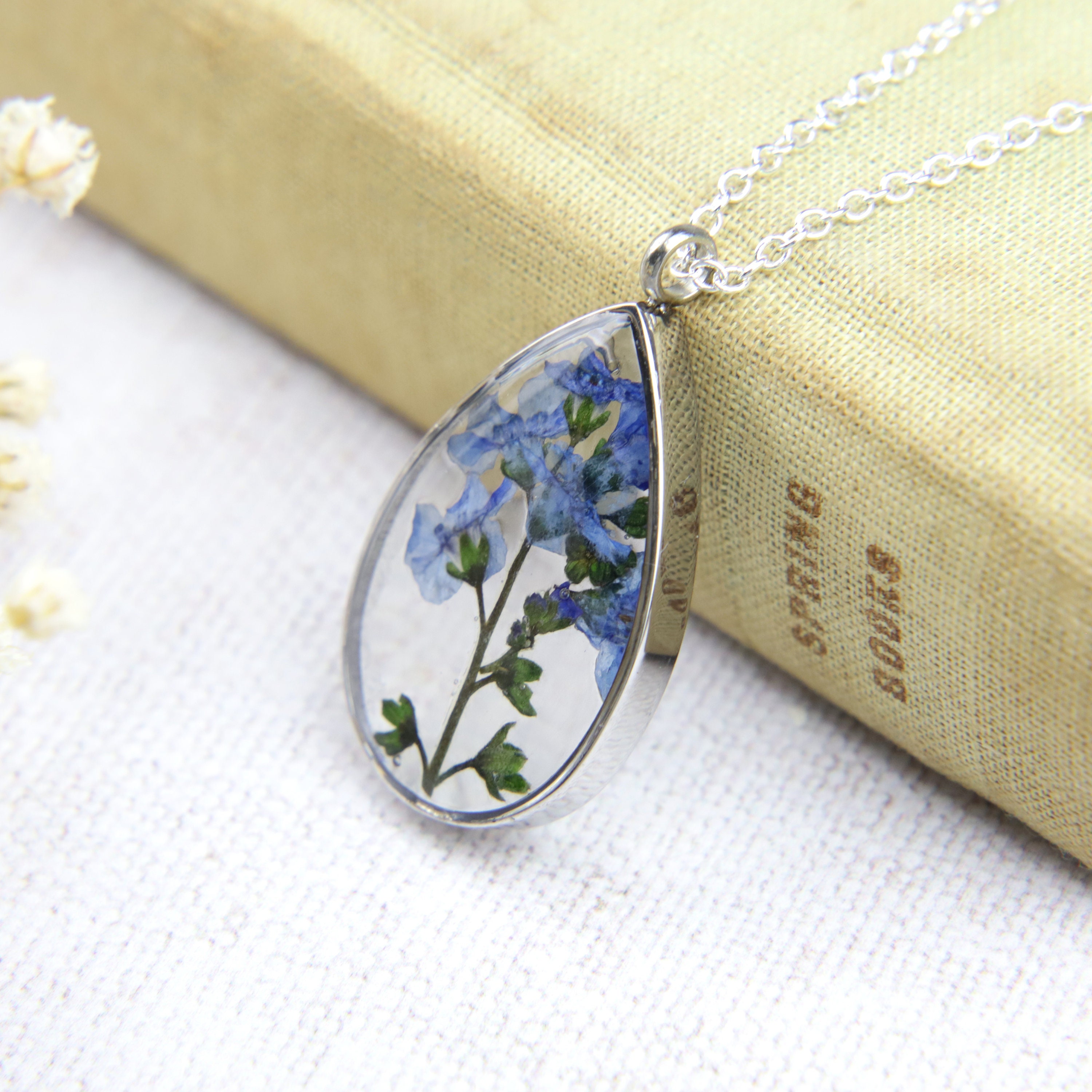 Me Not Pressed Flower Necklace Blue Floral Real Etsy UK