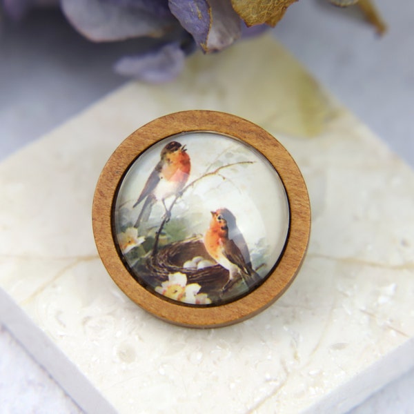 Robin Brooch, Pin Badge, Wooden Setting, Robin Red Breast, Bird and Nest, Christmas Jewelry, Gift For Her, Sister Gift, Small Brooch,Uk Gift