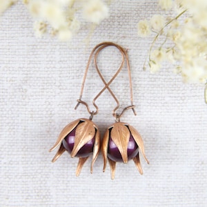 Copper Flower Bud Earrings: Aubergine Swarovski Pearl Dangle