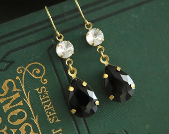 Schwarze Tropfen Strass Ohrringe: Art Deco Ohrringe