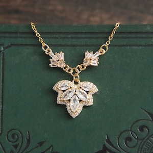 Victorian Necklace, Leaf Necklace Gold, Art Nouveau Necklaces Gold Edwardian Necklace For Women Regency Necklace Diamond Zirconia Pendants