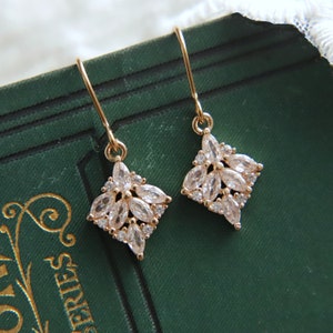 Art Deco Earrings, Marquise Earrings, Zirconia Diamond Drop Earrings 1920s Twenties Geometric Crystal Dangles Drops Art Nouveau Victorian