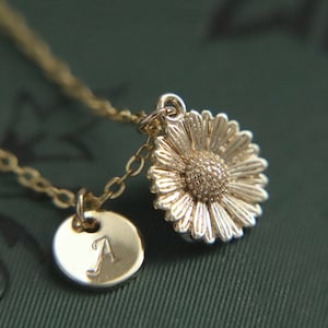 Sunflower Necklace, Gold Plated, Personalized Pendant, Initial Disc, Sun Flower, Small Floral Necklace, Gift For Her, Summer Jewellery, UK