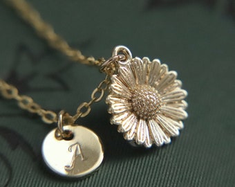 Sunflower Necklace, Gold Plated, Personalized Pendant, Initial Disc, Sun Flower, Small Floral Necklace, Gift For Her, Summer Jewellery, UK