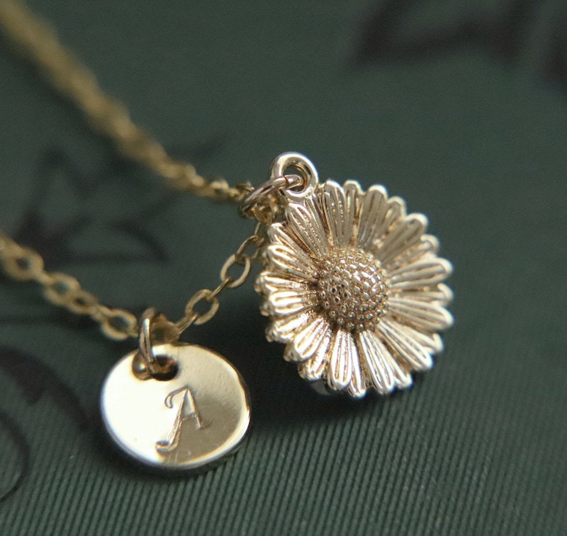 Puede incluir: Un collar de oro con una cadena delicada y dos colgantes. Un colgante es un peque&ntilde;o disco redondo con la letra 'A' grabada en &eacute;l. El otro colgante es una flor de margarita detallada.