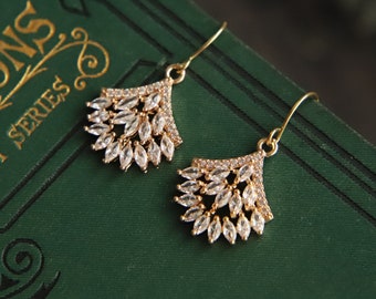 Gold Fan Earrings: Marquise Zirconia, Victorian Nouveau Style