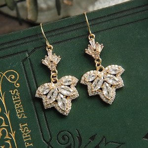 Victorian Earrings Gold, Leaf Earrings Regency Jewelry Diamond Earrings Dangle and Drop Earrings Zirconia Art Nouveau Earrings Women Gifts