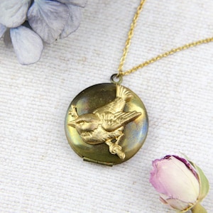 Bird Locket, Dark Gold Brass, Aged Patina, Two Photo Locket, Woodland Jewellery, Garden Wedding, Rustic Jewelry, Vintage Style, Gift for Her
