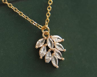 Victorian Gold Leaf Necklace: Cubic Zirconia Edwardian Pendant