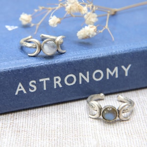 Labradorite Moon Phase Ring: Antiqued Silver Adjustable Celestial Ring