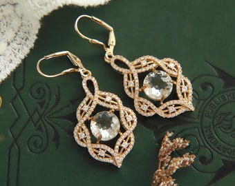 Art Deco Gold Crystal Earrings: 18k Plated Zirconia, Bridal Jewelry