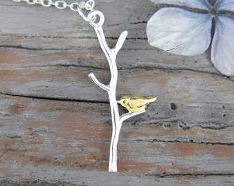 Dainty Silver Bird on Branch Necklace: Two-Tone Tree Pendant