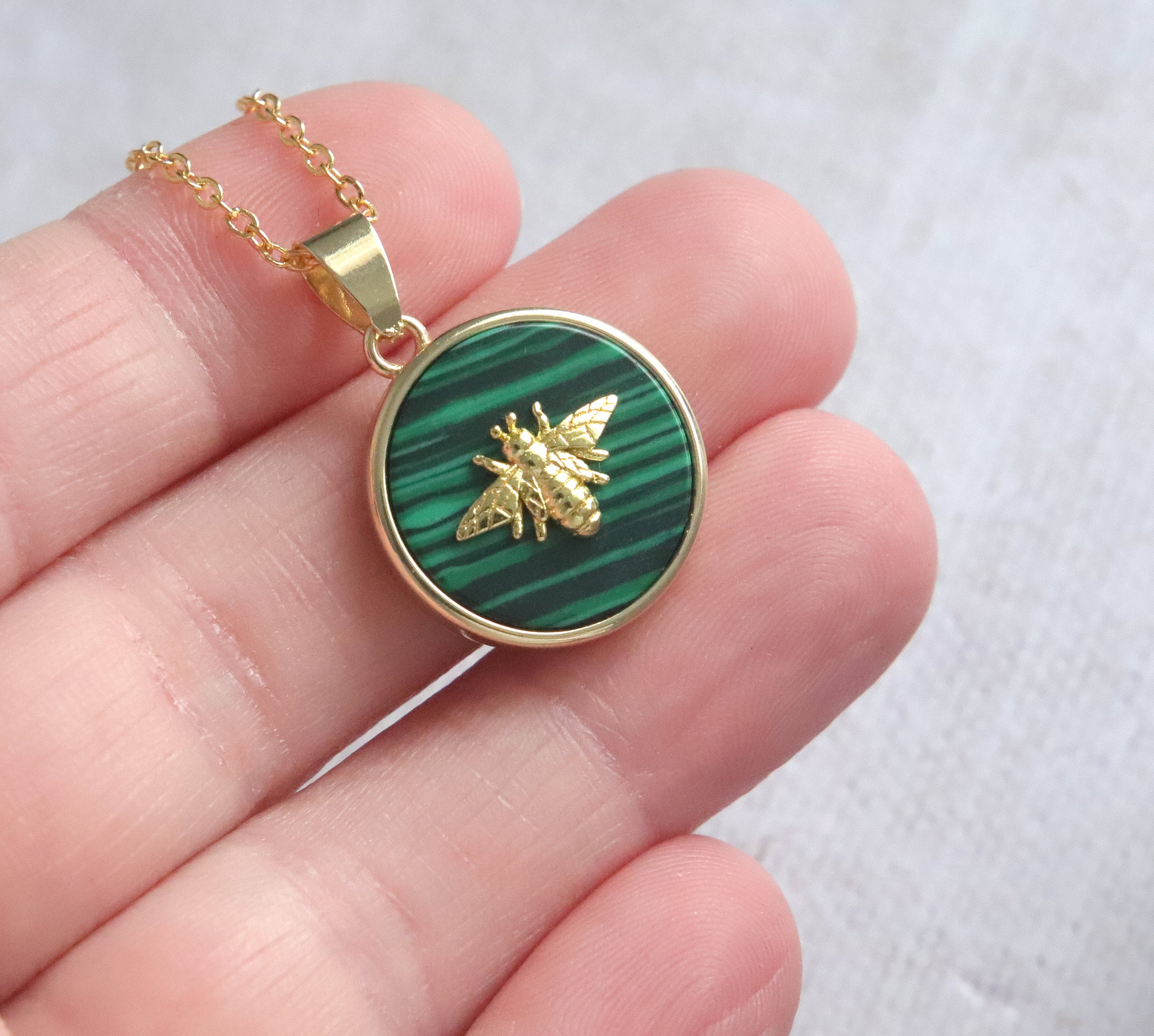 Bee Necklace, Gold Plated, Gemstone Pendant, Malachite Bee Necklace, Gold Plated, Gemstone Pendant, Malachite