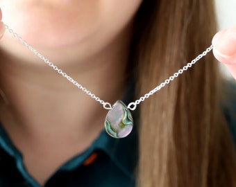 Abalone Necklace, Teardrop Pendant, Irridescent Raindrop, Short Clavicle Necklace, Paua Shell, Gift For Her, Mothers Day, Summer Necklace UK