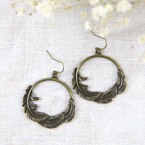 Boho Feather Hoop Earrings: Antiqued Gold Dangle Jewelry