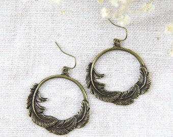 Boho Feather Hoop Earrings: Antiqued Gold Dangle Jewelry
