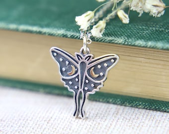 Luna Moth Necklace, Antiqued Silver, Night Sky Theme, Moon And Stars, Celestial Pendant, Insect Necklace, Woodland Necklace, Gift For Her UK
