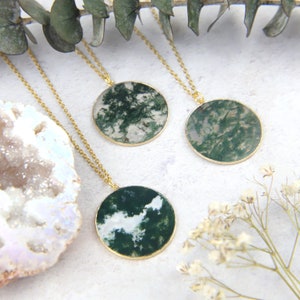 Moss Agate Necklace, Round Gold Plated Pendant, Thin Slice, Geology Necklace, Natural History, Woodland Style,Gift For Her,Spring Birthstone