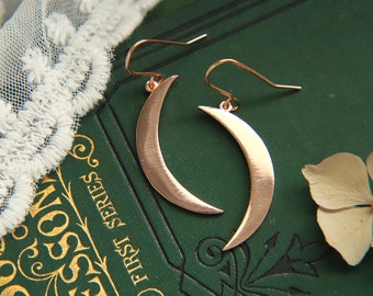 Rose Gold Crescent Moon Dangle Earrings: Bohemian Celestial Jewelry