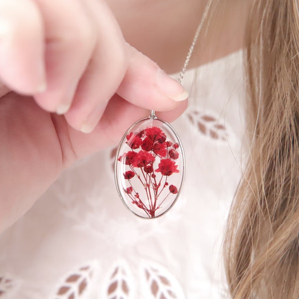 Red Pressed Flower Necklace, Gold Silver, Gypsophila Pendant, Real Flower Jewellery, Bright Red Flower, Oval Pendant, Women Gift Ideas, UK