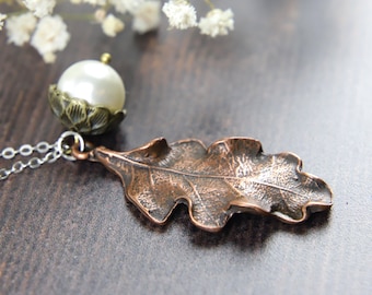 Copper Oak Leaf Necklace: Pearl Acorn, Antiqued Silver Chain