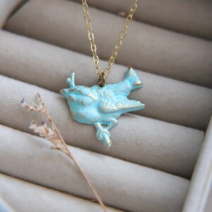 Blue Bird Necklace, Hand Painted Pendant, Turquoise Birds, Golden Brass, Rustic Verdigris, Shabby Chic Wedding, Bridesmaid Necklace Gifts UK image 3