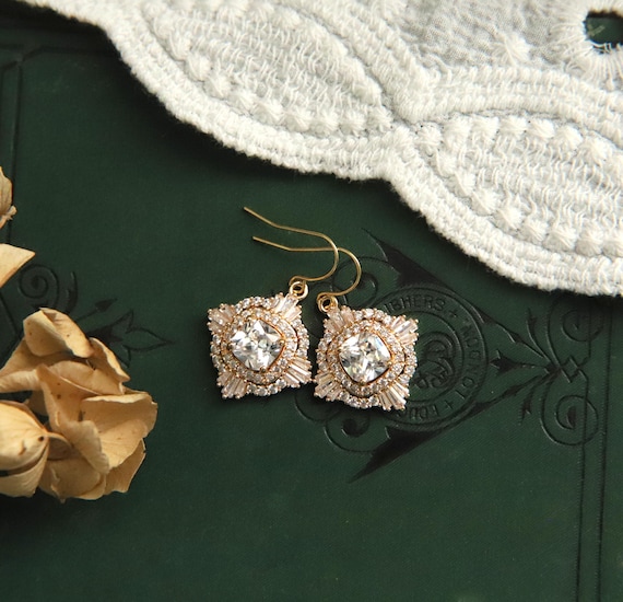 Regency Jewelry, Art Deco Earrings, Gold Crystal Earrings, Zirconia Earrings, 1920s Earrings, Wedding Jewelry Bridal Earrings, Art Nouveau