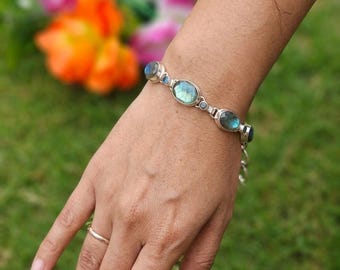 Elegant Labradorite stone bracelet natural sky Blue topaz bracelet 925 Sterling Silver bracelet wedding gift Christmas gift birthday gift