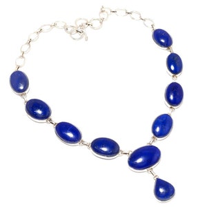 Lapis Lazuli cabochon high quality blue stone adjustable 925 sterling silver necklace.