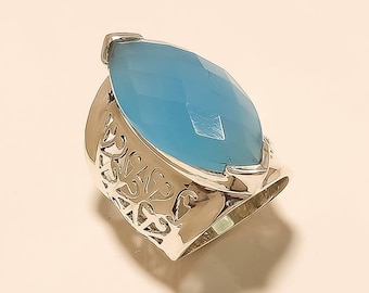 Royal design natural sky blue onyx faceted stone 925 sterling silver ring.