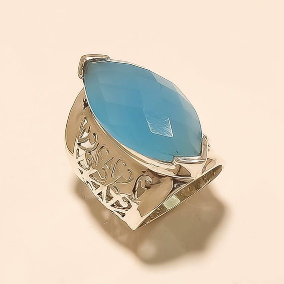 Royal Design Natural Sky Blue Onyx Faceted Stone 925 Sterling
