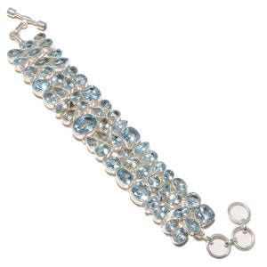 Blue topaz natural cut stone 925 sterling silver 3 layer bracelets