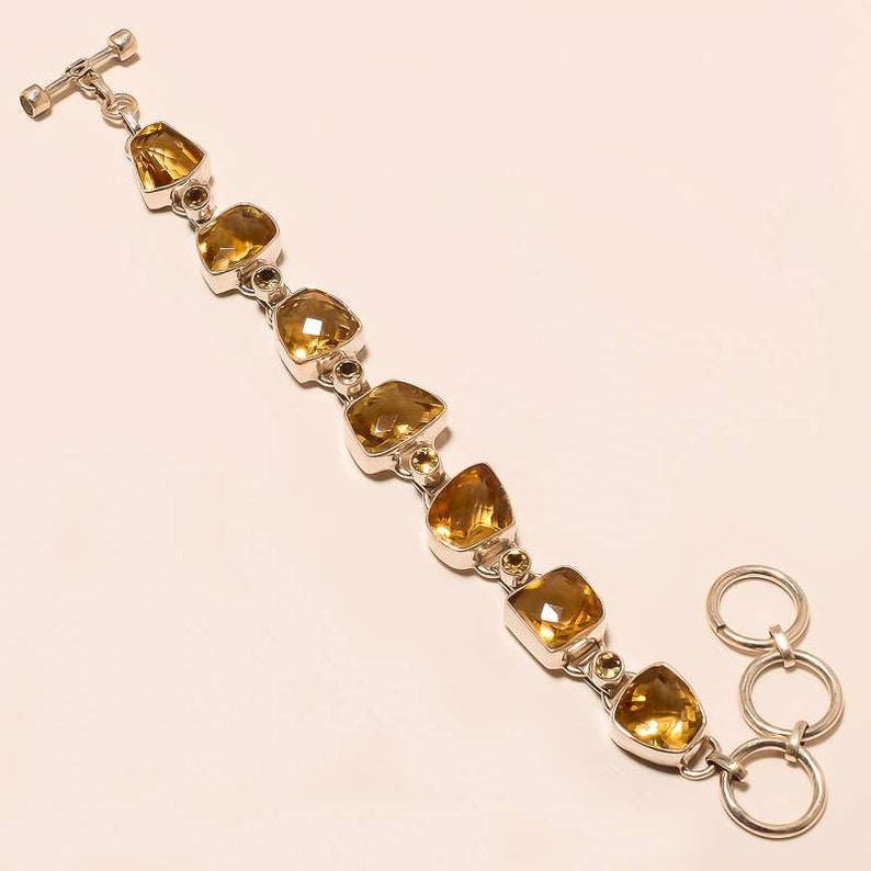 Natural citrine faceted fancy stone 925 sterling silver adjustable bracelet
