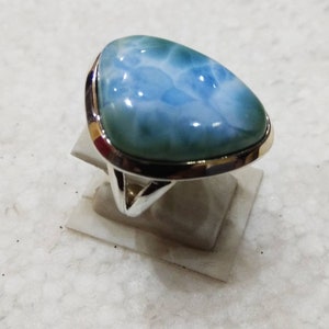 Fancy shape larimar beautiful cabochon stone symple design 925 sterling silver ring