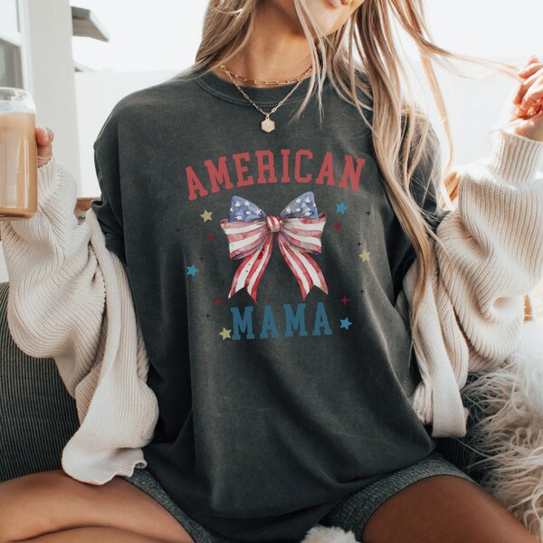 Comfort Colors American Mama Bow Shirt for 4th of July Crewneck Tshirt for Firework USA Bow Coquette Aesthetic Tee Independence Day Shirt