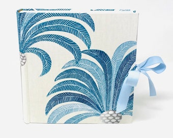 Photo album with classic binding, blue palm fabric, 30 x 30 cm format, 30 sheets/60 pages