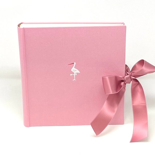 Photo album, baby pink, satin ribbon , 30 x 30 cm, white stork