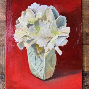 White Peonies in Vase, Original Oil Painting on Canvas, 9x12