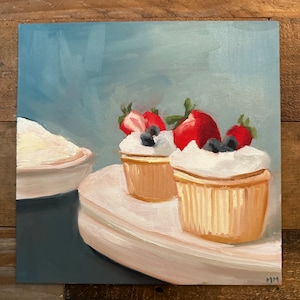 Cupcakes, Original Oil Painting on Canvas Panel, Still Life, 8” x 8”