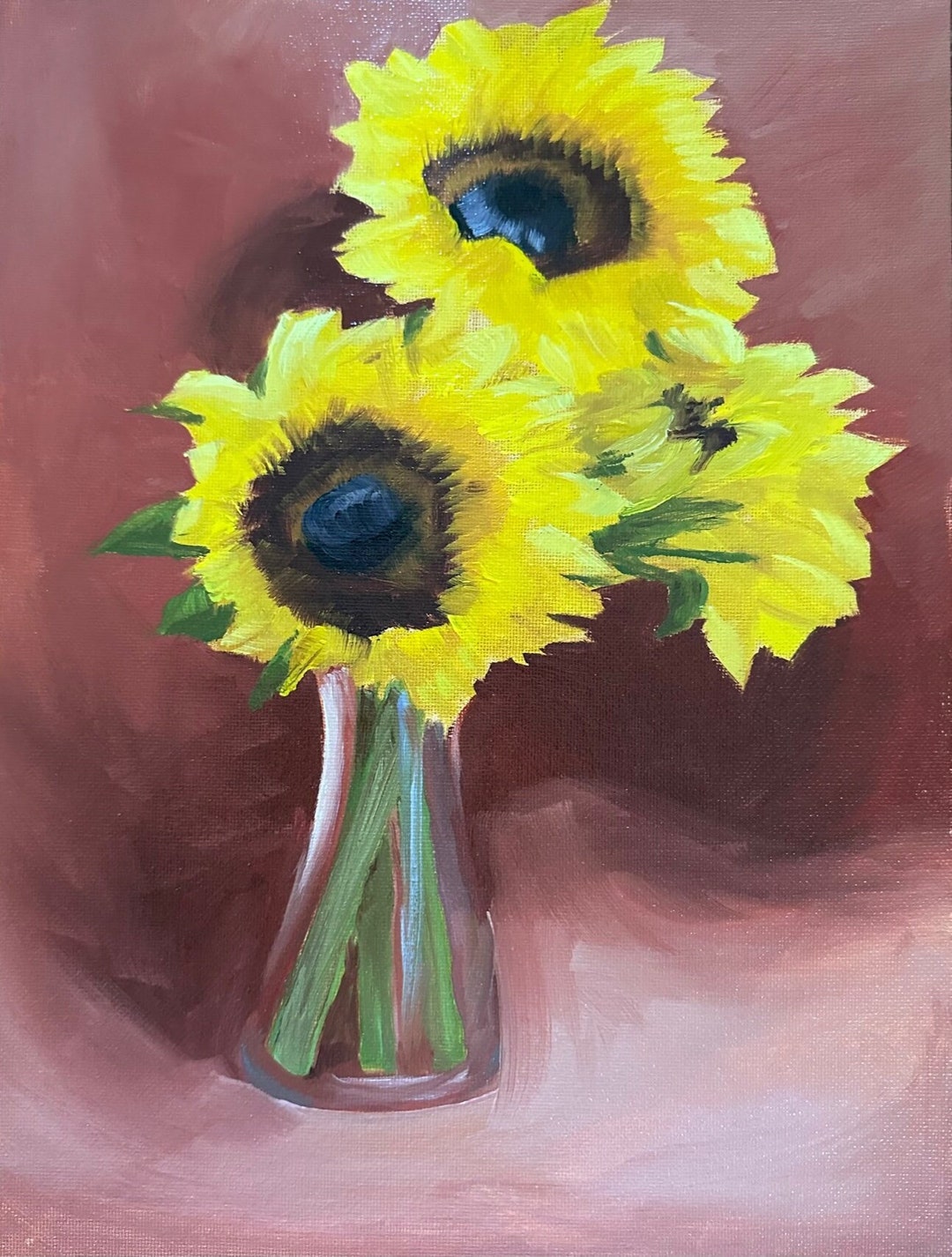 Sunflowers in Glass Vase, Original Oil Painting on Canvas Panel, Still ...