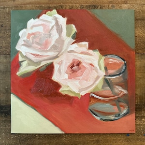Two Roses, Original Oil Painting on Canvas Panel, Still Life, 8” x 8”