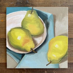 Pears in Dish, Original Oil Painting on Canvas Panel, Still Life, 8” x 8”
