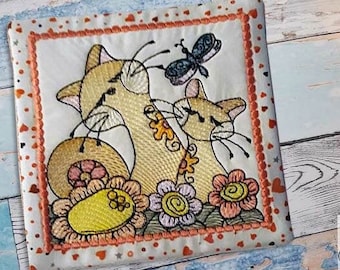2 CATS MUG RUG Embroidery - Fits a 5x7" Hoop - Machine Embroidery Designs
