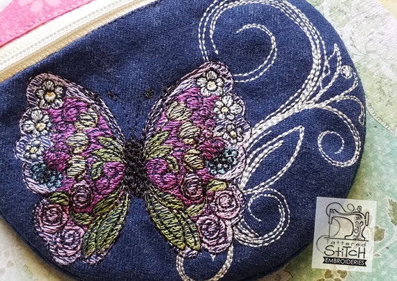 Butterfly Zipper Purse in the hoop machine embroidery design ITH