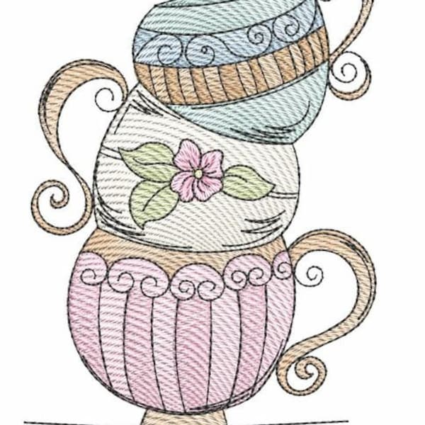 THREE TEACUPS EMBROIDERY  - Tea, Tea Lover, Tea Cups, Kitchen, Towel Embroidery - Downloadable Machine Embroidery - Light Fill Stitch