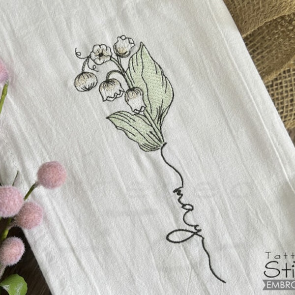 MAY LILY Of The Valley-Birth Month Flower Word - Embroidery  - Coaster, Floral, Sachet - Downloadable Machine Embroidery - Light Fill